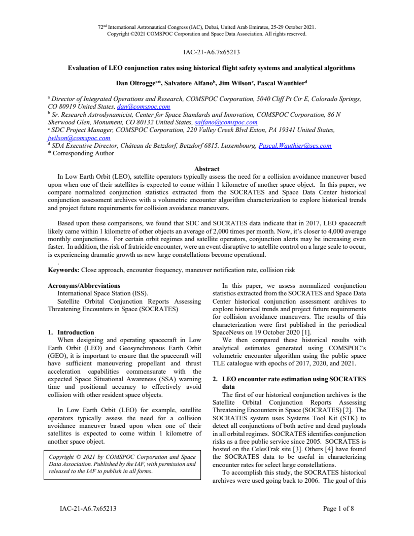 Evaluation of LEO conjunction rates using historical flight safety systems and analytical algorithms - Paper