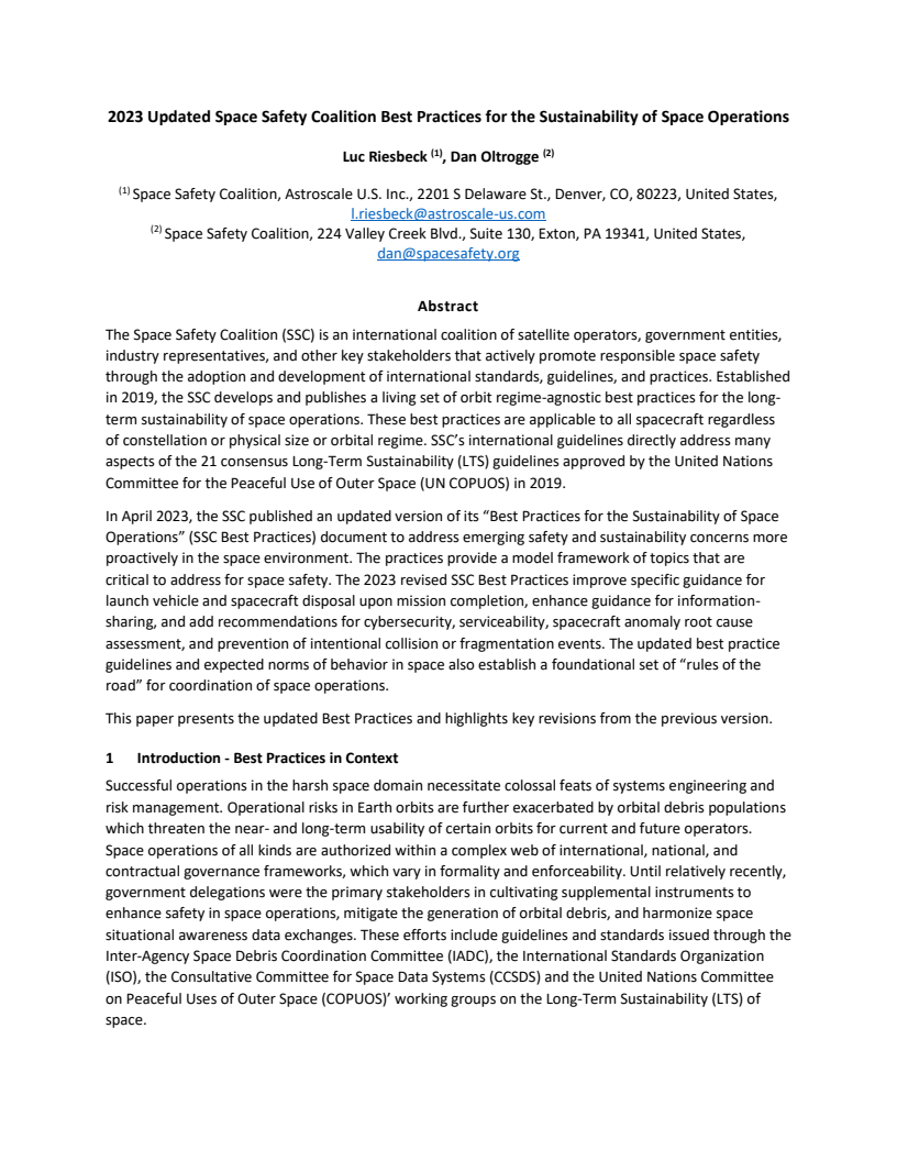 2023 Updated Space Safety Coalition Best Practices for the Sustainability of Space Operations - Paper