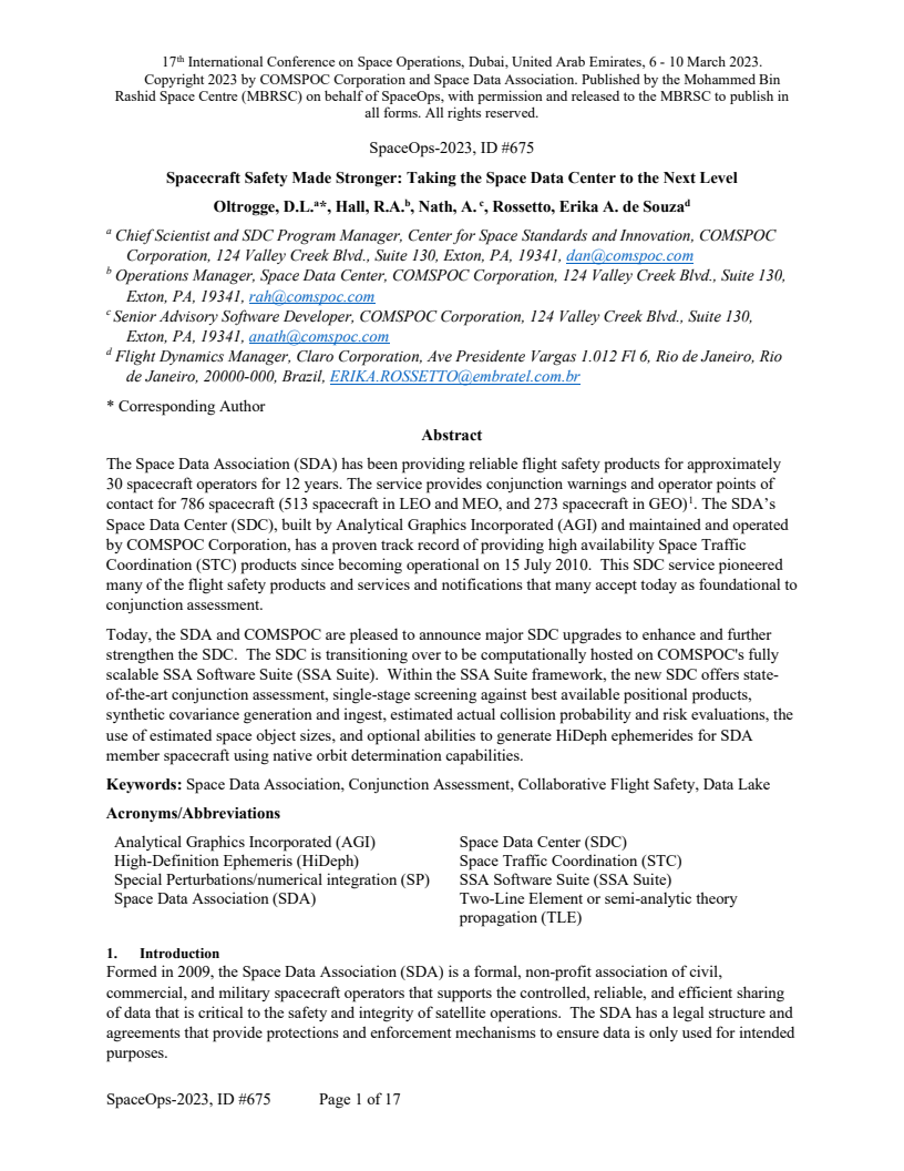 Achieving Space Sustainability through Intense Operator and SSA Collaboration - Paper