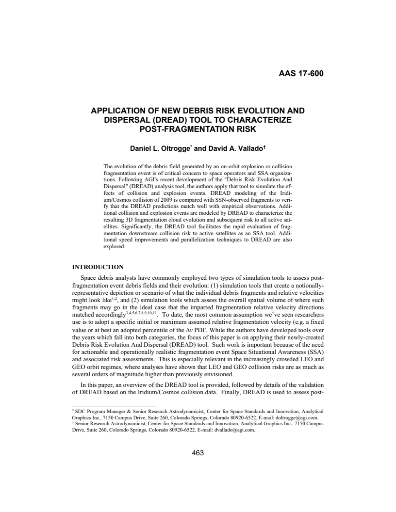 Application of New Debris Risk Evolution And Dissipation (DREAD) Tool to Characterize Post-Fragmentation Risk - Paper