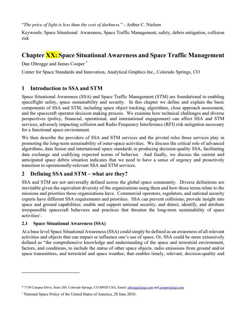 Book Chapter for A Closer Look at Space Debris:  “Space Situational Awareness and Space Traffic Management” - Paper