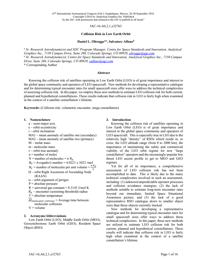 Collision risk in low earth orbit - Paper