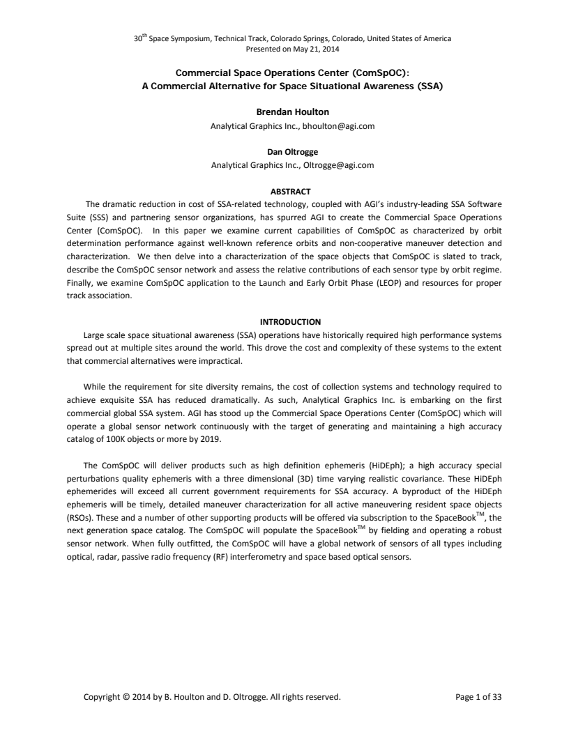 Commercial Space Operations Center (ComSpOC): A Commercial Alternative for Space Situational Awareness (SSA) - Paper
