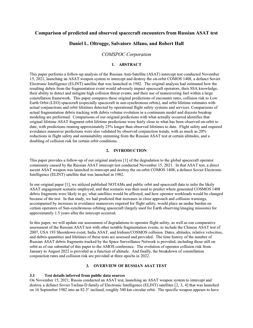 Comparison of predicted and observed spacecraft encounters from Russian ASAT test - Paper