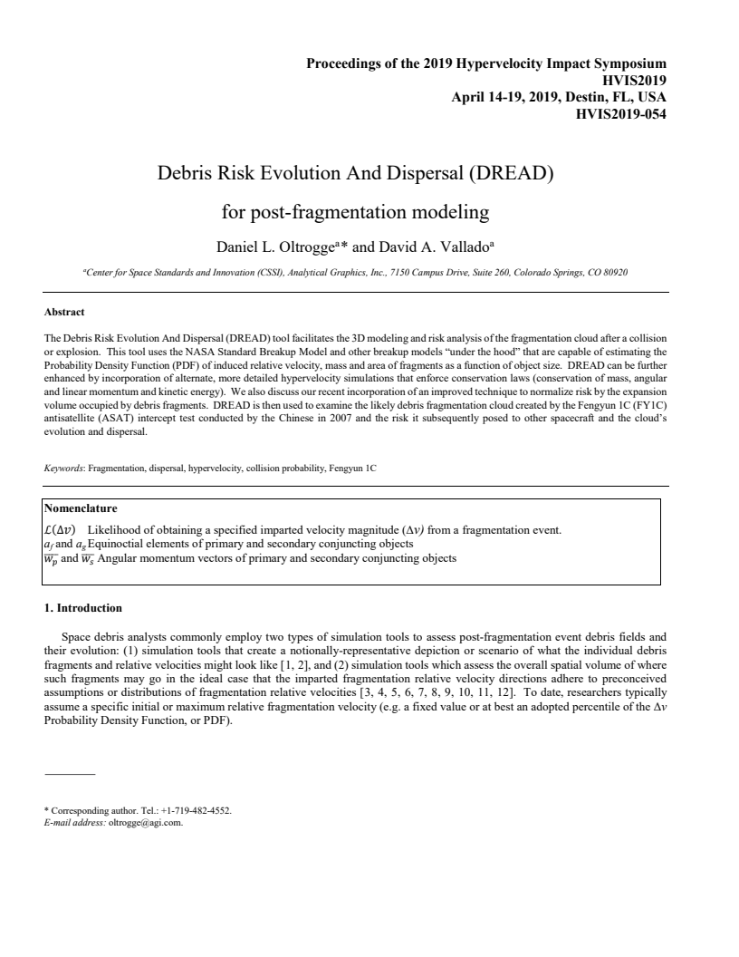 Debris Risk Evolution And Dispersal (DREAD) for post-fragmentation modeling - Paper
