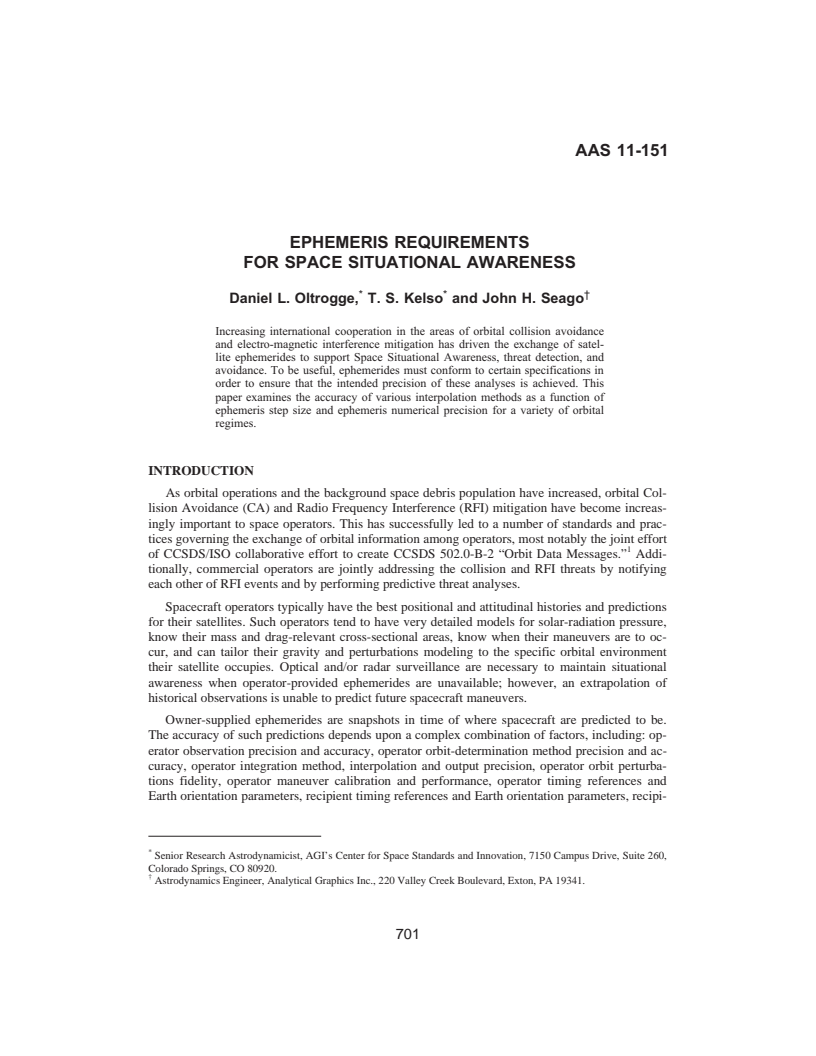 Ephemeris Requirements for Space Situational Awareness - Paper