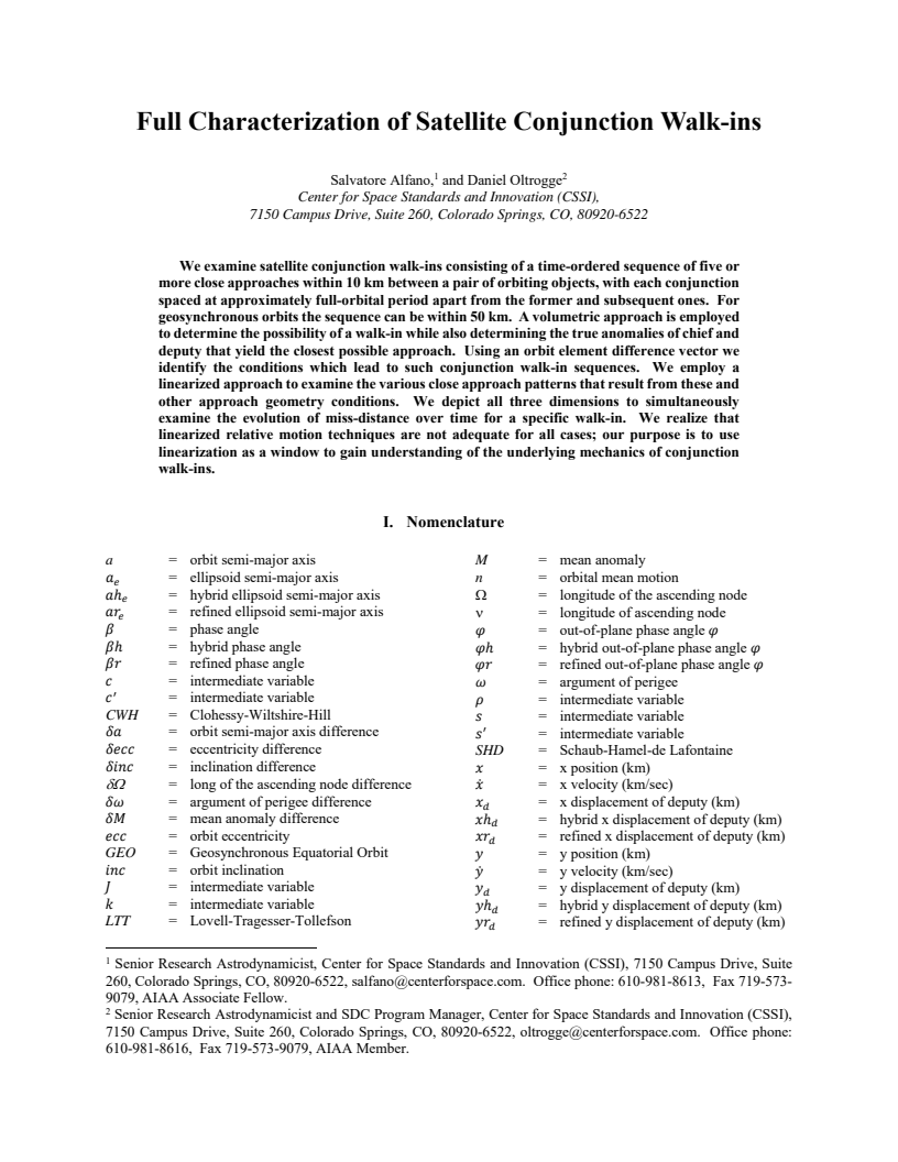 Full characterization of satellite conjunction walk-ins - Paper