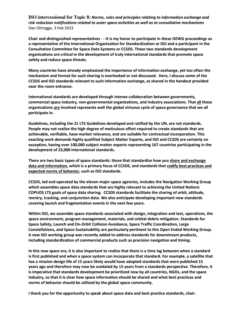 ISO-CCSDS Intercession to Open Ended Working Group - Paper