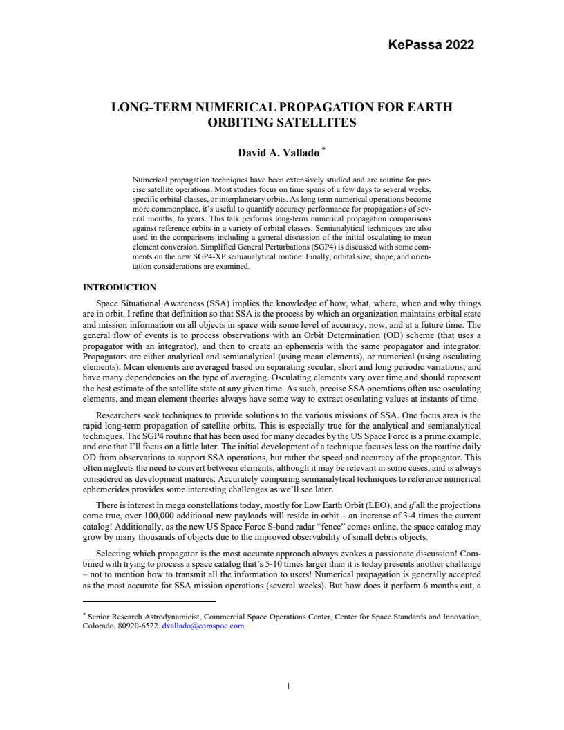 Long-Term Numerical Propagation for Earth Orbiting Satellites - Paper