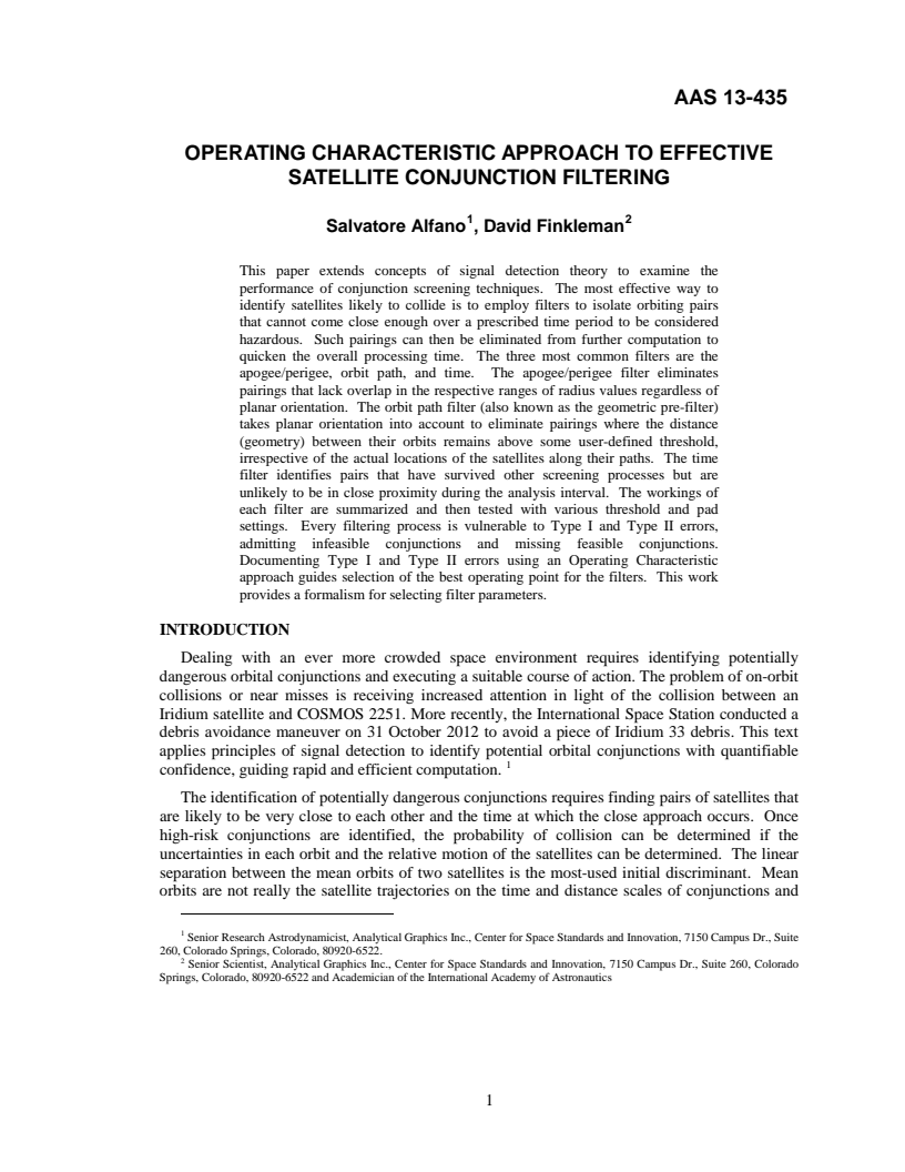 Operating Characteristic Approach To Effective Satellite Conjunction Filtering - Paper