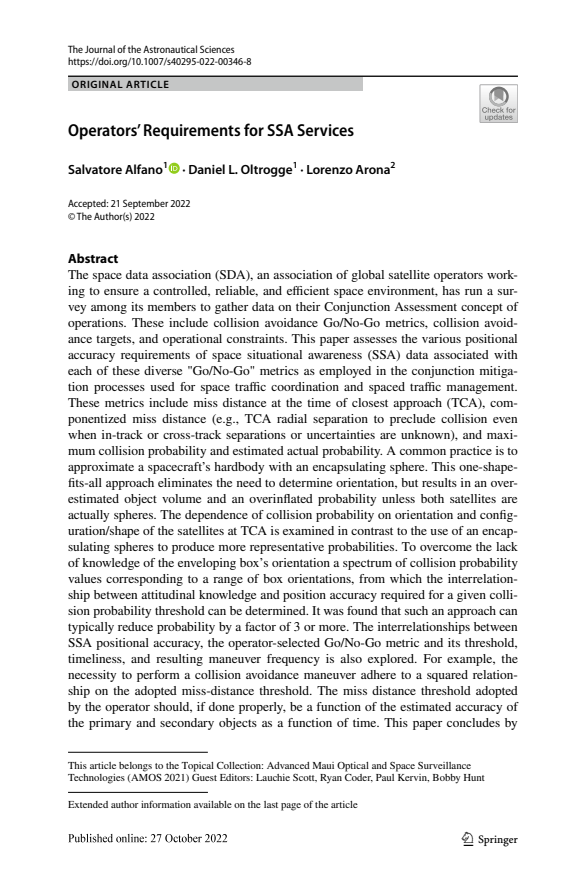 Operators’ Requirements for SSA Services - Paper