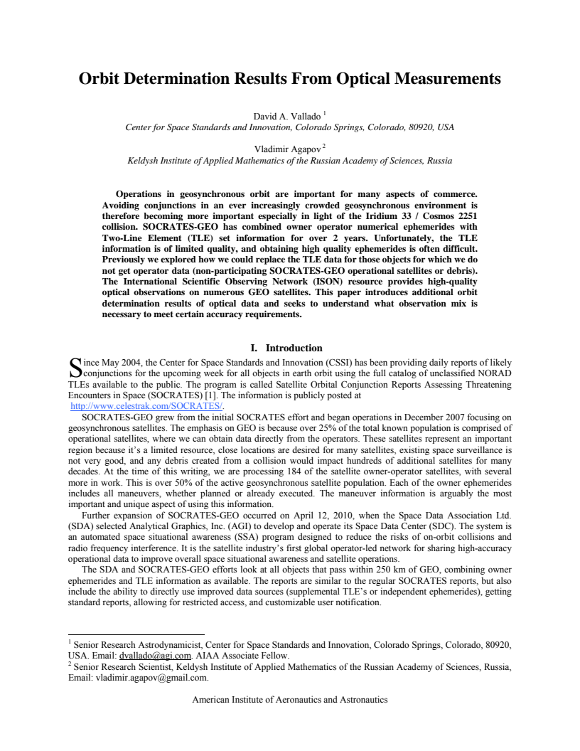 Orbit Determination Results From Optical Measurements - Paper