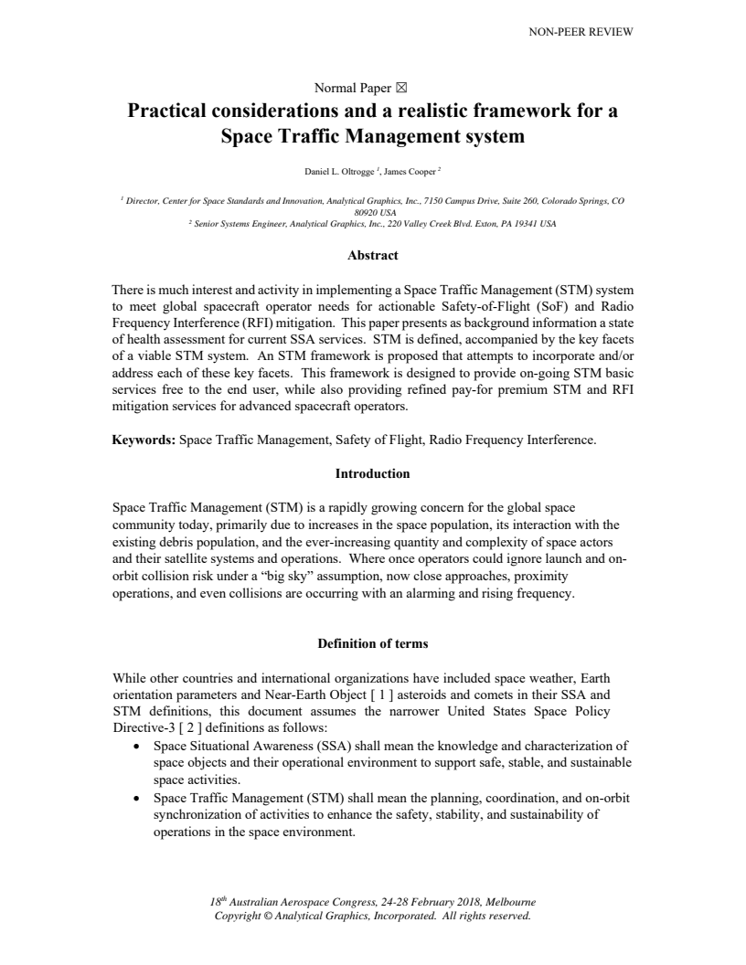 Practical considerations and a realistic framework for a Space Traffic Management system - Paper