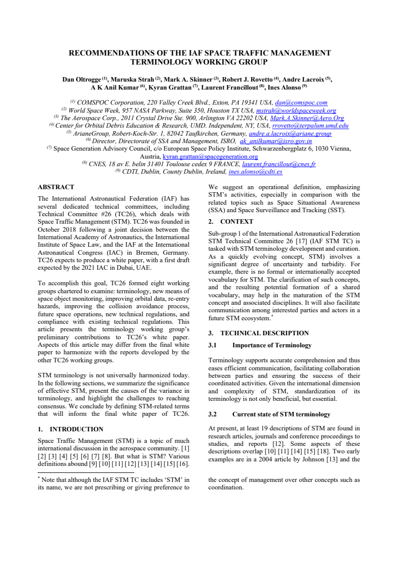 Recommendations of the IAF Space Traffic Management Terminology Working Group - Paper