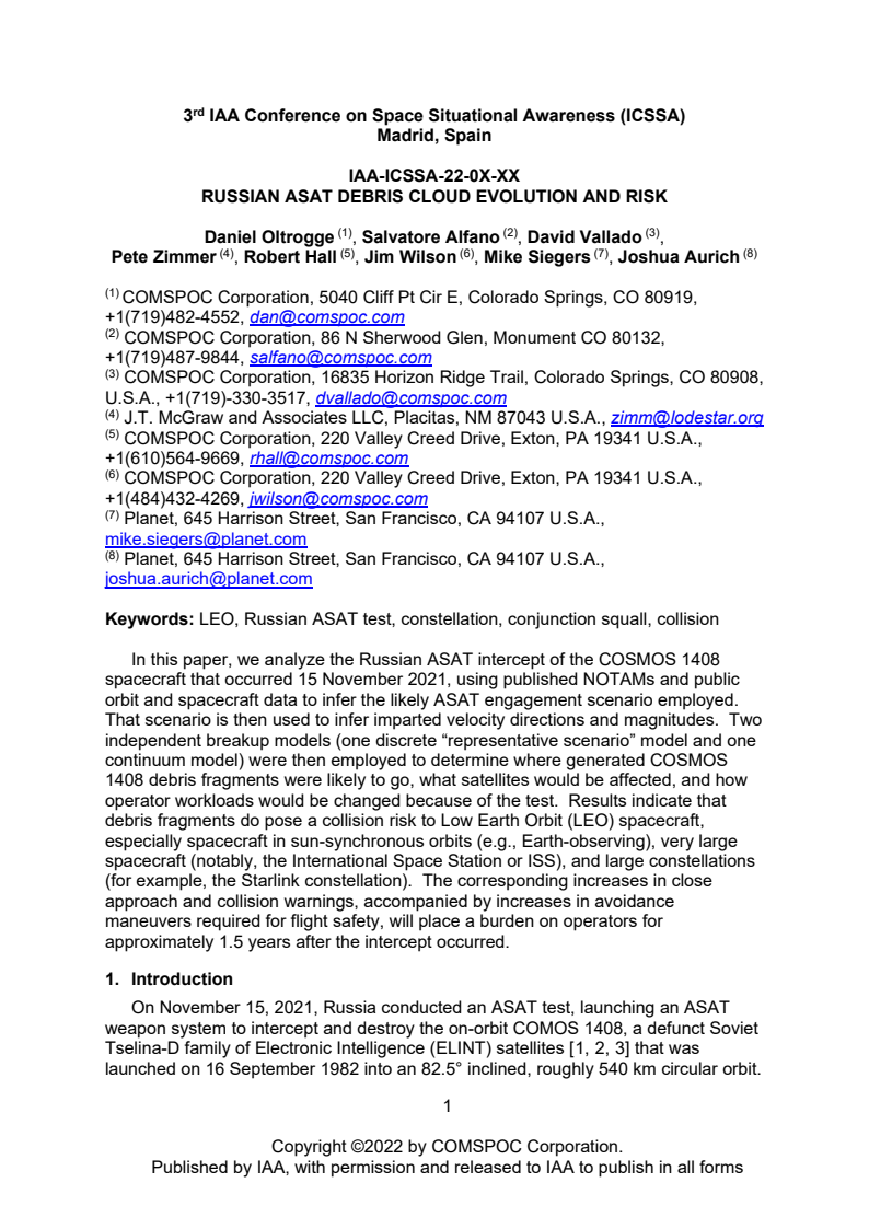 Russian ASAT Debris Cloud Evolution and Risk - Paper