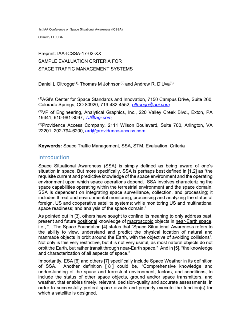 Sample evaluation criteria for space traffic management systems - Paper