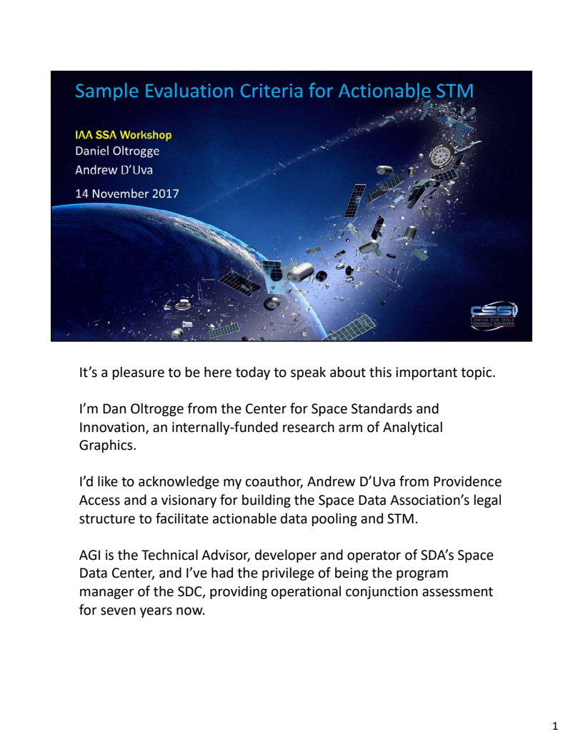 Sample evaluation criteria for space traffic management systems - Presentation