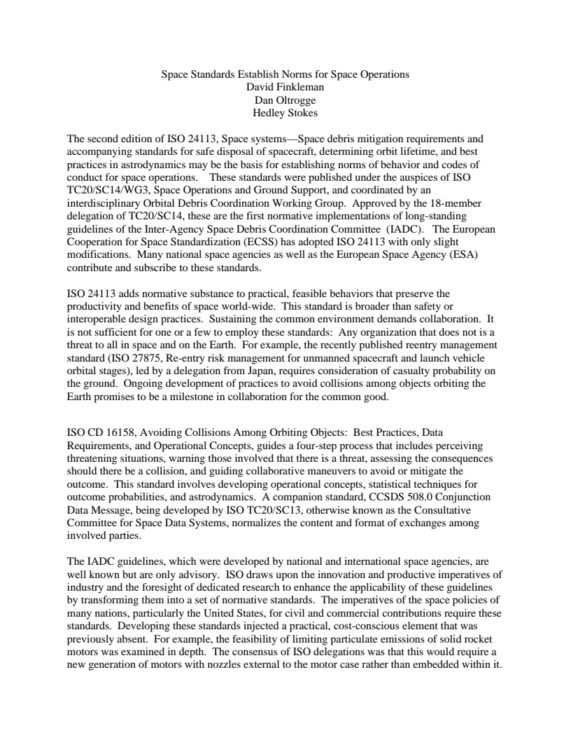 Space Standards Establish Norms for Space Operations - Paper