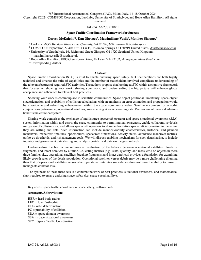 Space Traffic Coordination Framework for Success - Paper