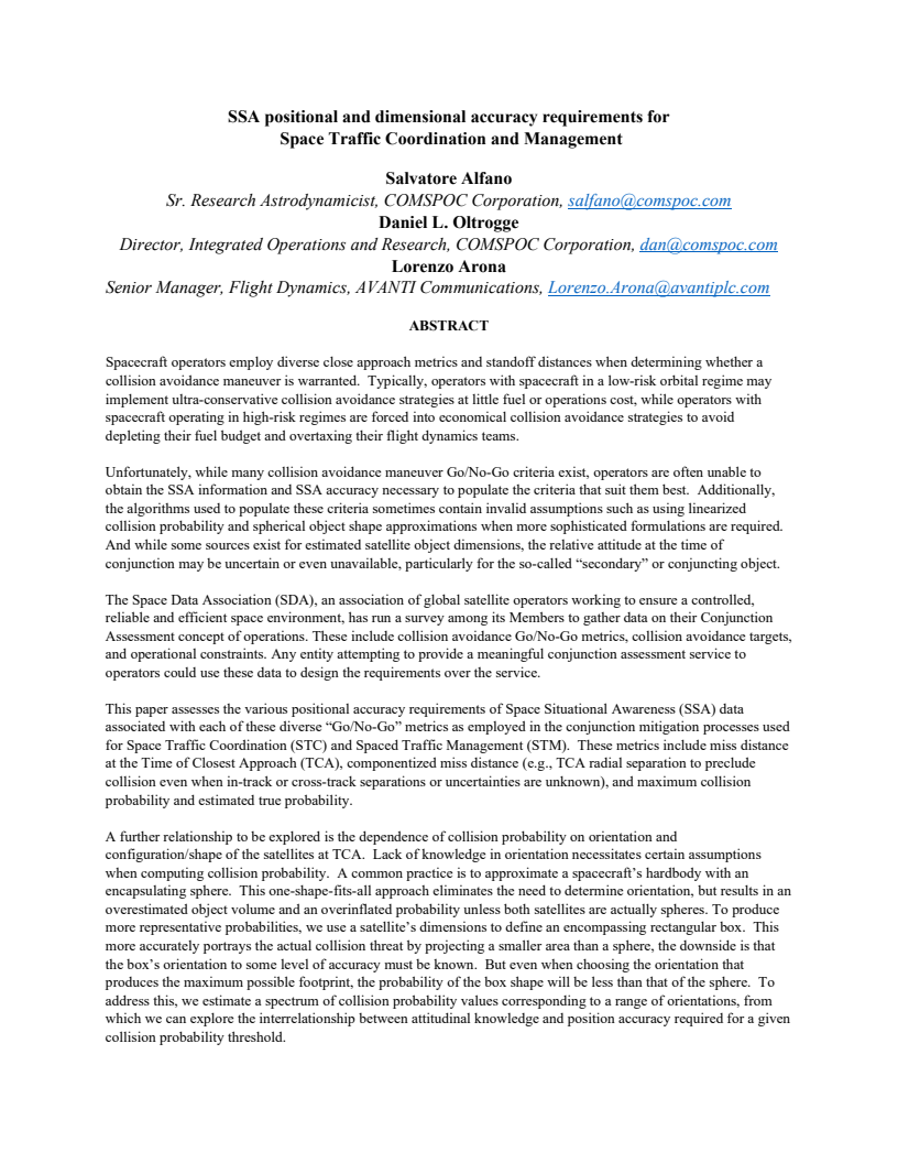 SSA positional and dimensional accuracy requirements for Space Traffic Coordination and Management - Paper