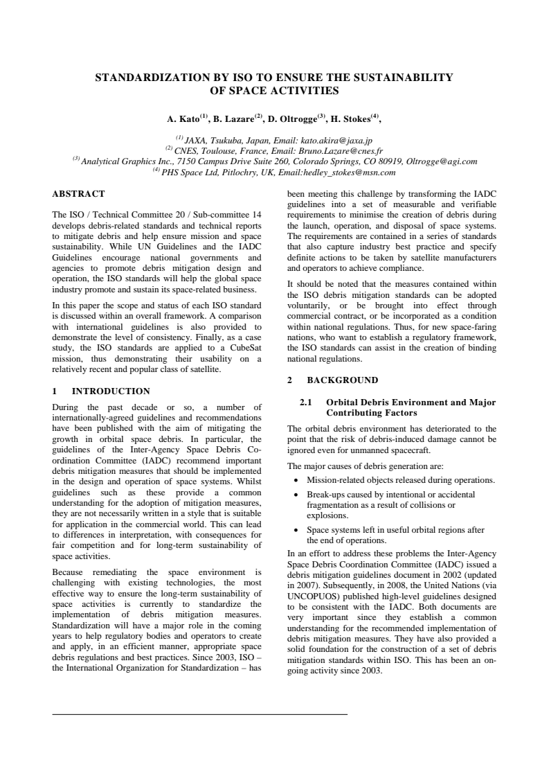 Standardization by ISO to ensure the sustainability of space activities - Paper