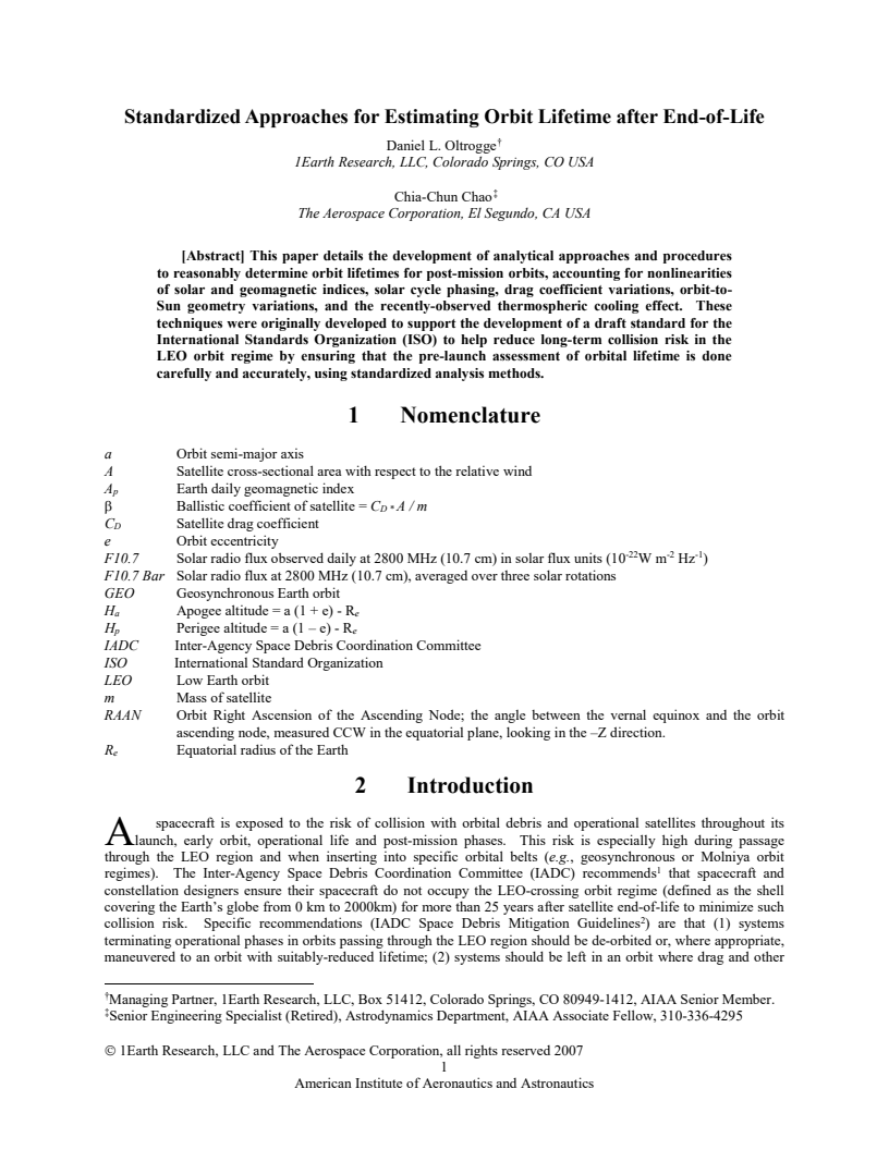 Standardized Approaches for Estimating Orbit Lifetime after End-of-Life - Paper