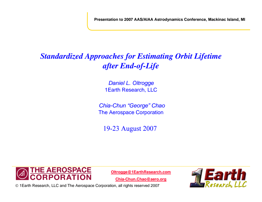 Standardized Approaches for Estimating Orbit Lifetime after End-of-Life - Presentation