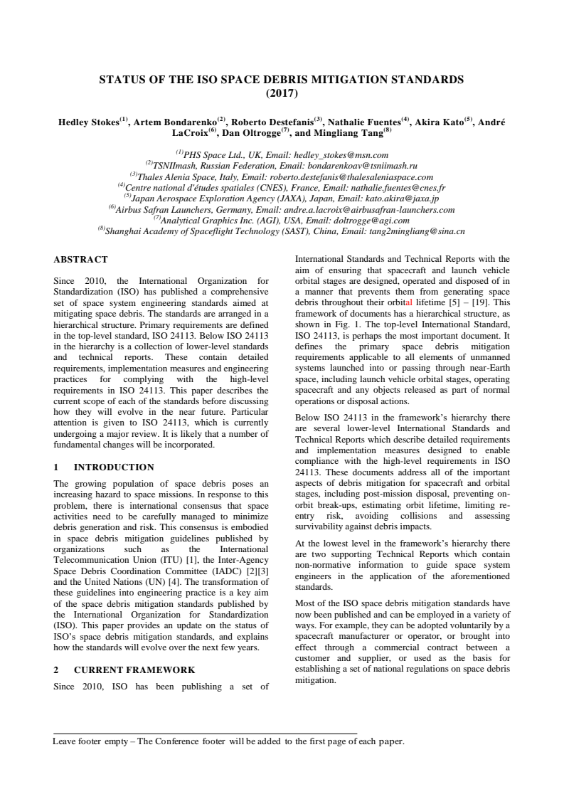Status of the ISO space debris mitigation standards (2017) - Paper