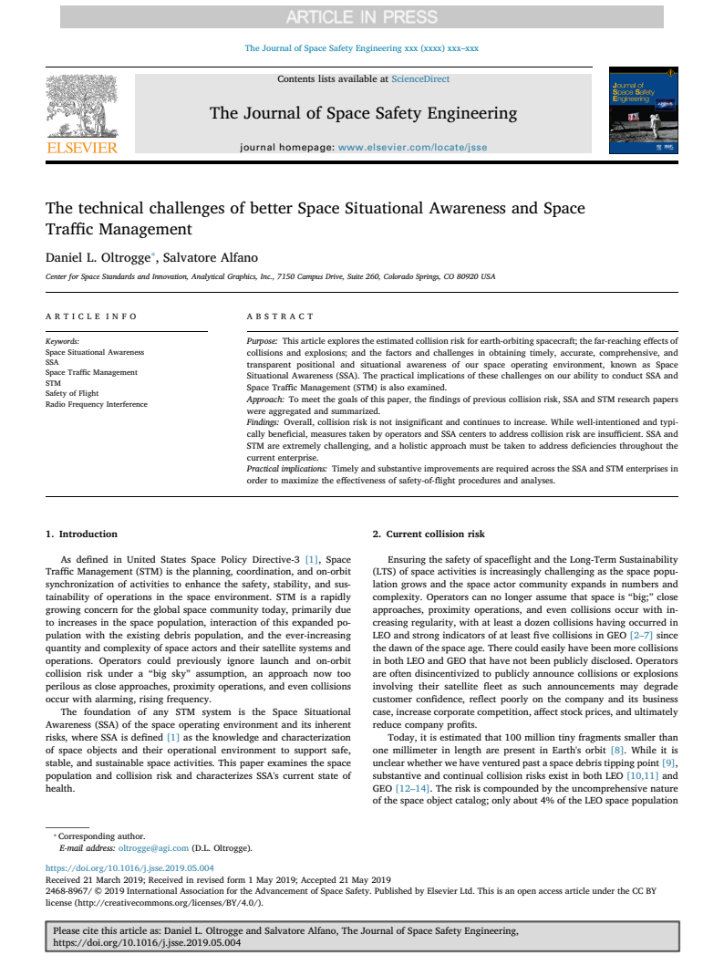 The technical challenges of better Space Situational Awareness and Space Traffic Management - Paper