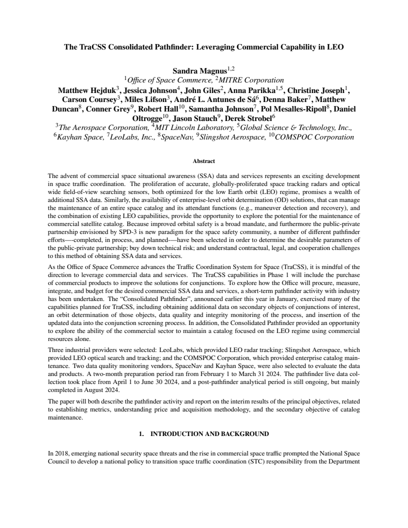 The TraCSS Consolidated Pathfinder: Leveraging Commercial Capability in LEO - Paper