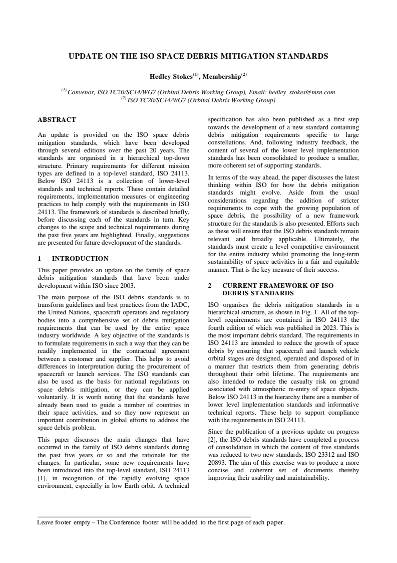 Update on the ISO Space Debris Mitigation Standards - Paper