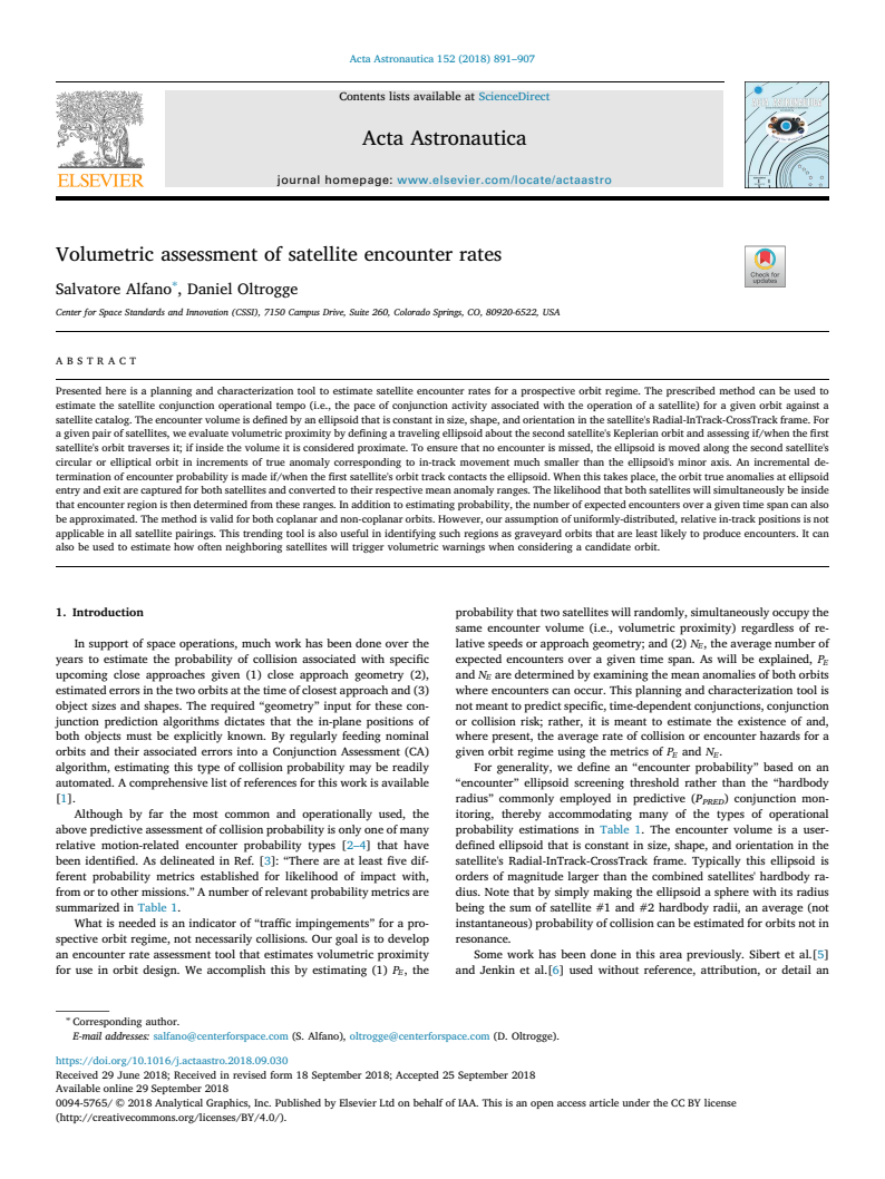 Volumetric assessment of satellite encounter rates - Paper